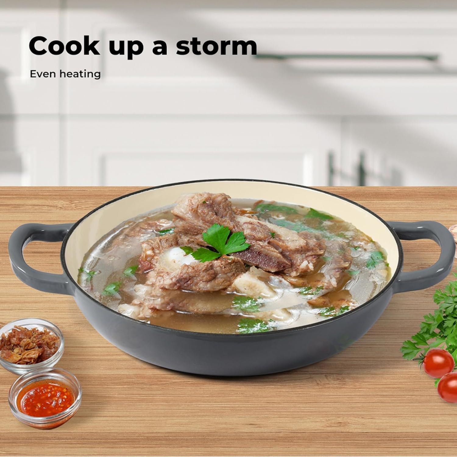 TOQUE Enameled Cast Iron Dutch Oven 3.5L Pot with Lid Kitchen Cookware Black, 3.7 Quart Camping Cooking Non-Stick Slow Cooker Shallow Pan, round Dutch Oven Pots for Bread Baking,Braise,Stew,Roast image number 7