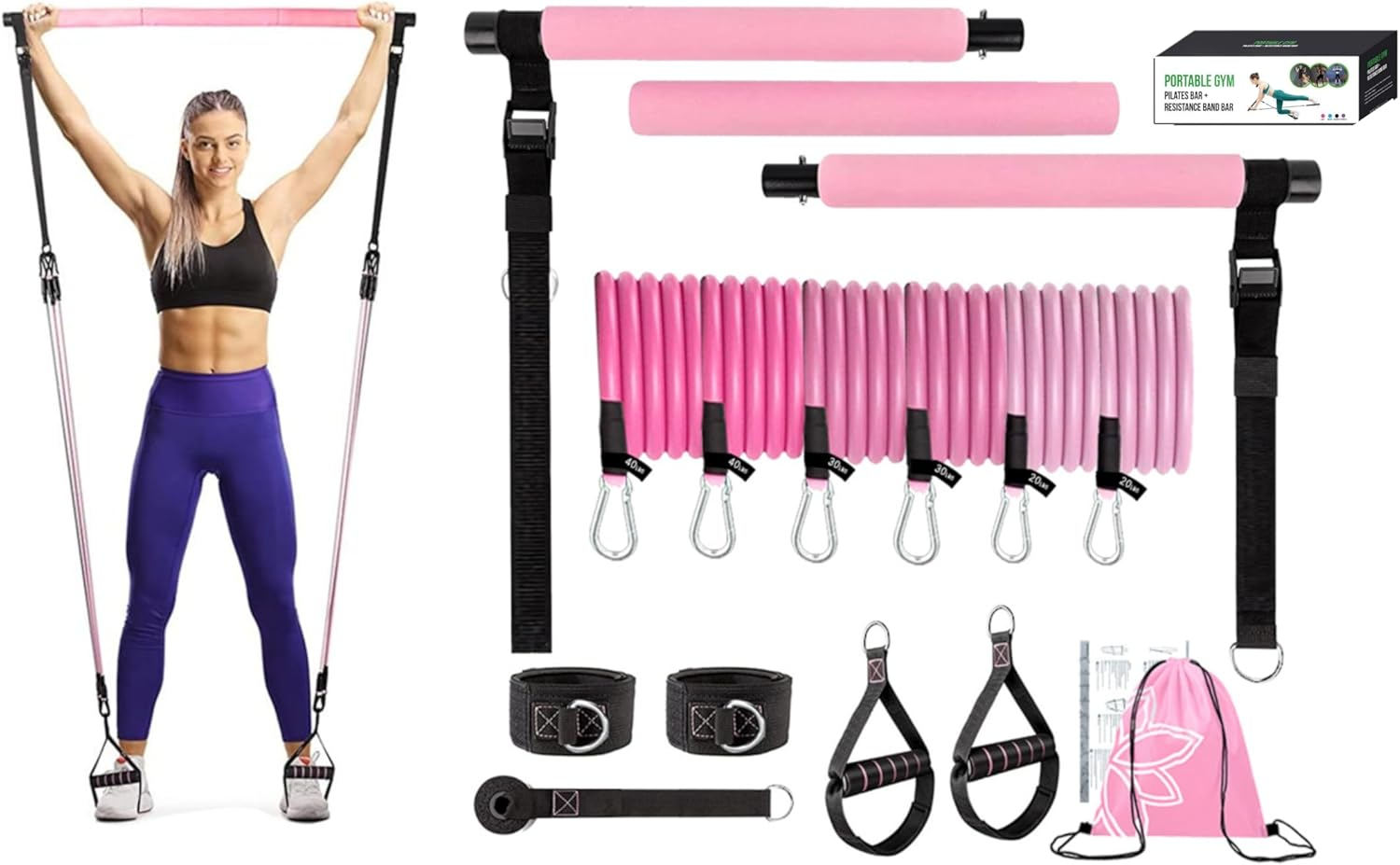 Multi Functional Pilates Bar Kit with Resistance Bands, Ankle Bands for Leg Butt Training, Adjustable 3 Section for Full Body Workouts, Pilates Workout Equipment for Legs, Hip, Waist, Arm