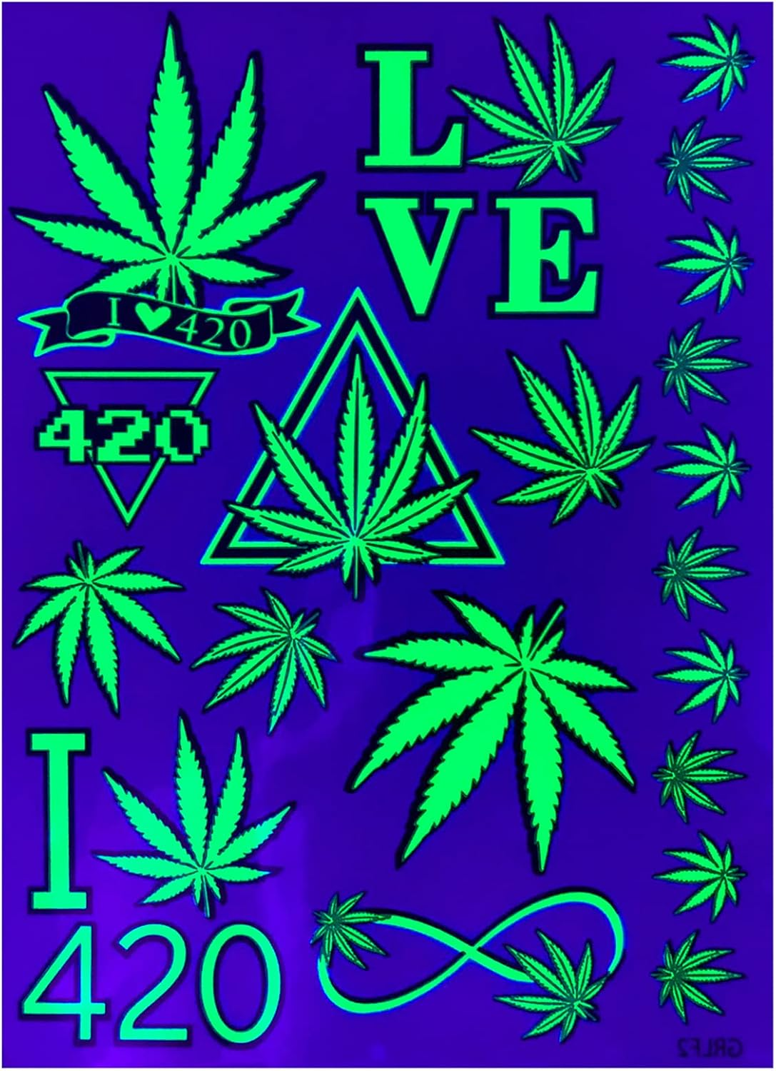 Temporary Blacklight Tattoos- Neon Green Weed 420 Leaf Design Body UV Blacklight Reactive Rave Festival Music EDC EDM Party Tattoo
