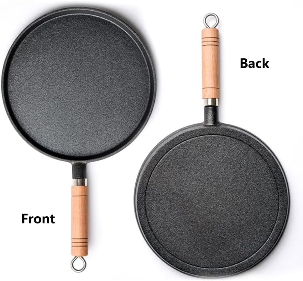 Cast Iron Skillet Pancake Pan round Griddle Thick Nonstick Egg Frying Pan Tortilla Crepe Pans Anti-Scalding Wooden Handle Uncoated 26Cm image number 6