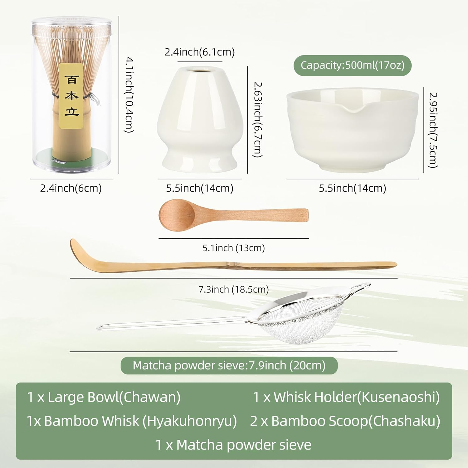 Matcha Whisk Set, Japanese Tea Set Includes Matcha Bowl with Spout, Matcha Whisk Stand, Bamboo Matcha Whisk and Bamboo Spoon, Matcha Powder Sieve, 17 Ounces White Ceramic Matcha Set (White)