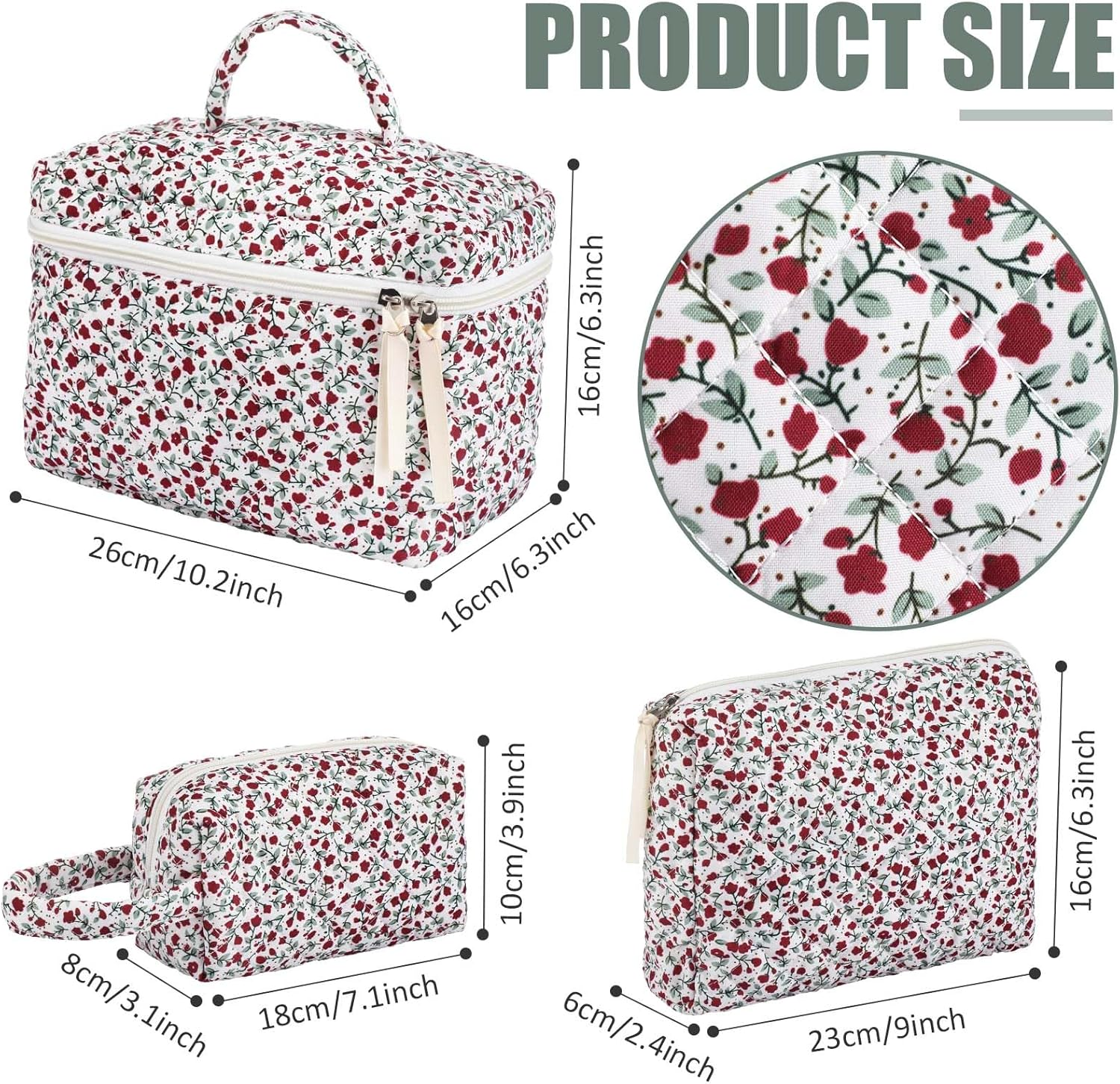 Paterr Makeup Bag Set 3 Pcs Large Quilted Cotton Make up Bags for Women Cosmetic Travel Toiletry Organizer Pouch Cute Aesthetic Storage Purse, Red, Red Floral