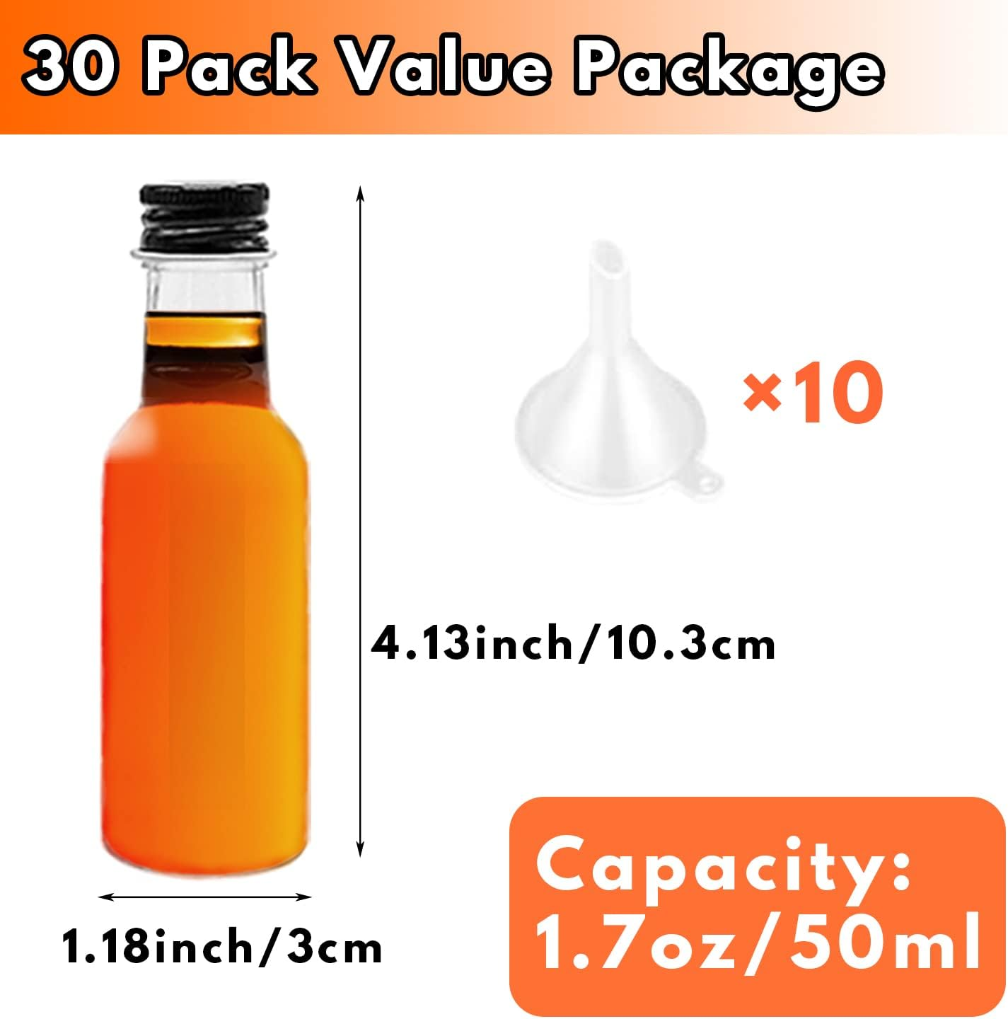 Mini Plastic Spirit Bottles, 30 Pack Airtight with Black Cap, 1.7Oz Empty with 10 Funnels, Perfect for Weddings & Parties image number 1