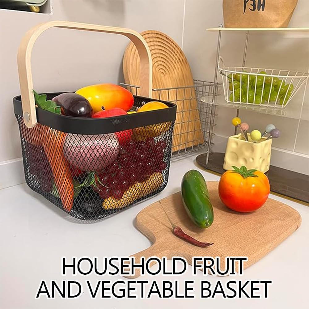 2 Pack Metal Mesh Steel Basket, Square Wire Basket with Handle Storage Organizer Basket, Garden Harvest Basket Fruit Basket for Kitchen Garden Picnic Collect Vegetables (Black)