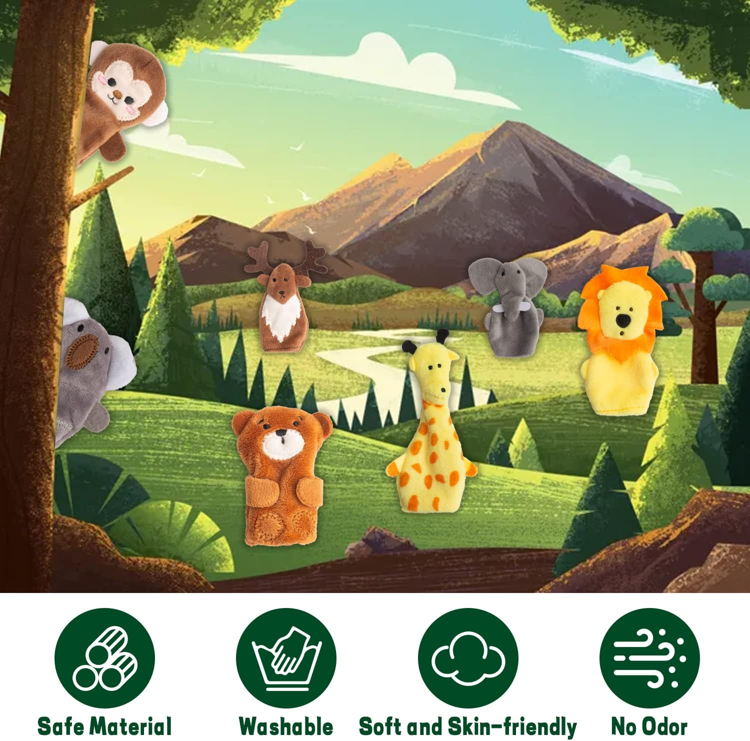 Creepyparty 7 Pieces Multicolored Wild Animal Finger Puppets: Lion, Deer, Giraffe, Koala, Bear, Elephant, Monkey - Soft Velvet & Cotton, 3+ Age Range image number 6