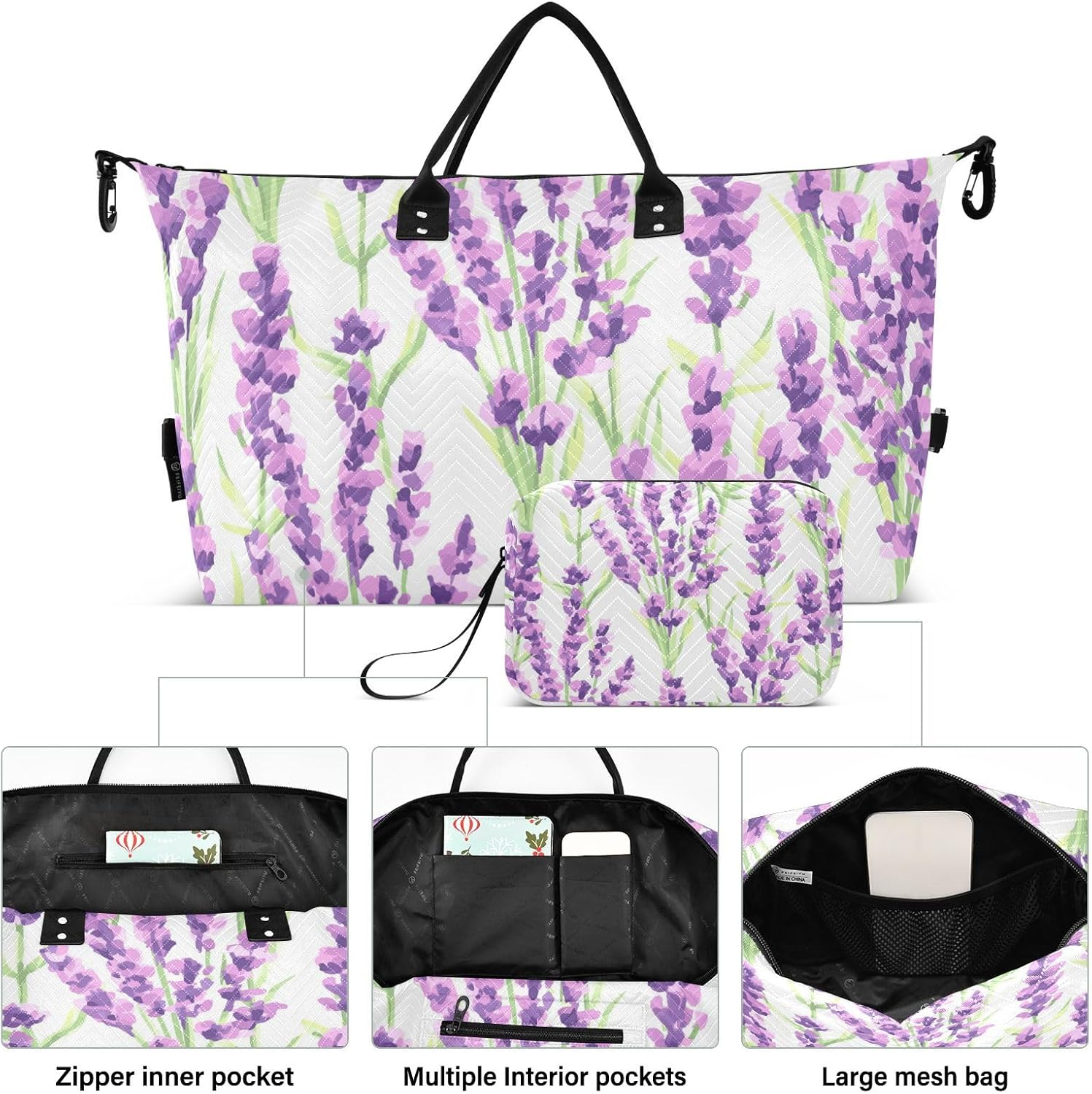 Duffel Bag Shoulder Weekender Overnight Bag Purple Lavender Flowers Gym Duffel Bag with Adjustable Strap for Sports, Purple Lavender Flowers, Set of 2, Art Deco image number 4