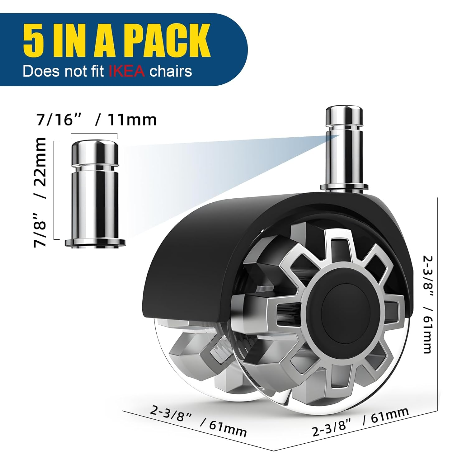 Office Chair Wheels Casters-Protection for Hardwood Floors and Carpet, Heavy Duty Silent Computer Chair Wheels with Standard Stem 7/16&Prime;* 7/8&Prime;(11Mm*22Mm),Office Furniture Casters Set of 5(Black) - Black image number 4