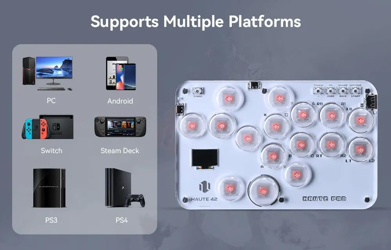 [Newest Ver. 2025] Haute42 S16 Leverless Arcade Stick Compatible with PC/PS4/PS3 (16 Button) : - NEW 2025 CRYSTAL Low-Profile Switches - Slim Form Factor - Custom Plate - RGB Lighting - USB Type C - White image number 3