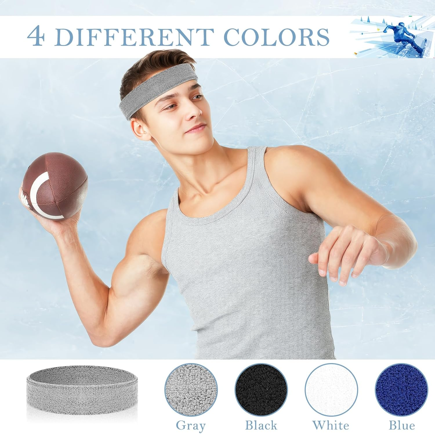 4 Pack Headbands for Men, Sweat Bands Headbands Men & Women, Cotton Terry Sweat Bands for Tennis, Basketball, Running, Gym, Working Out - Black/Gray/Green/White image number 3