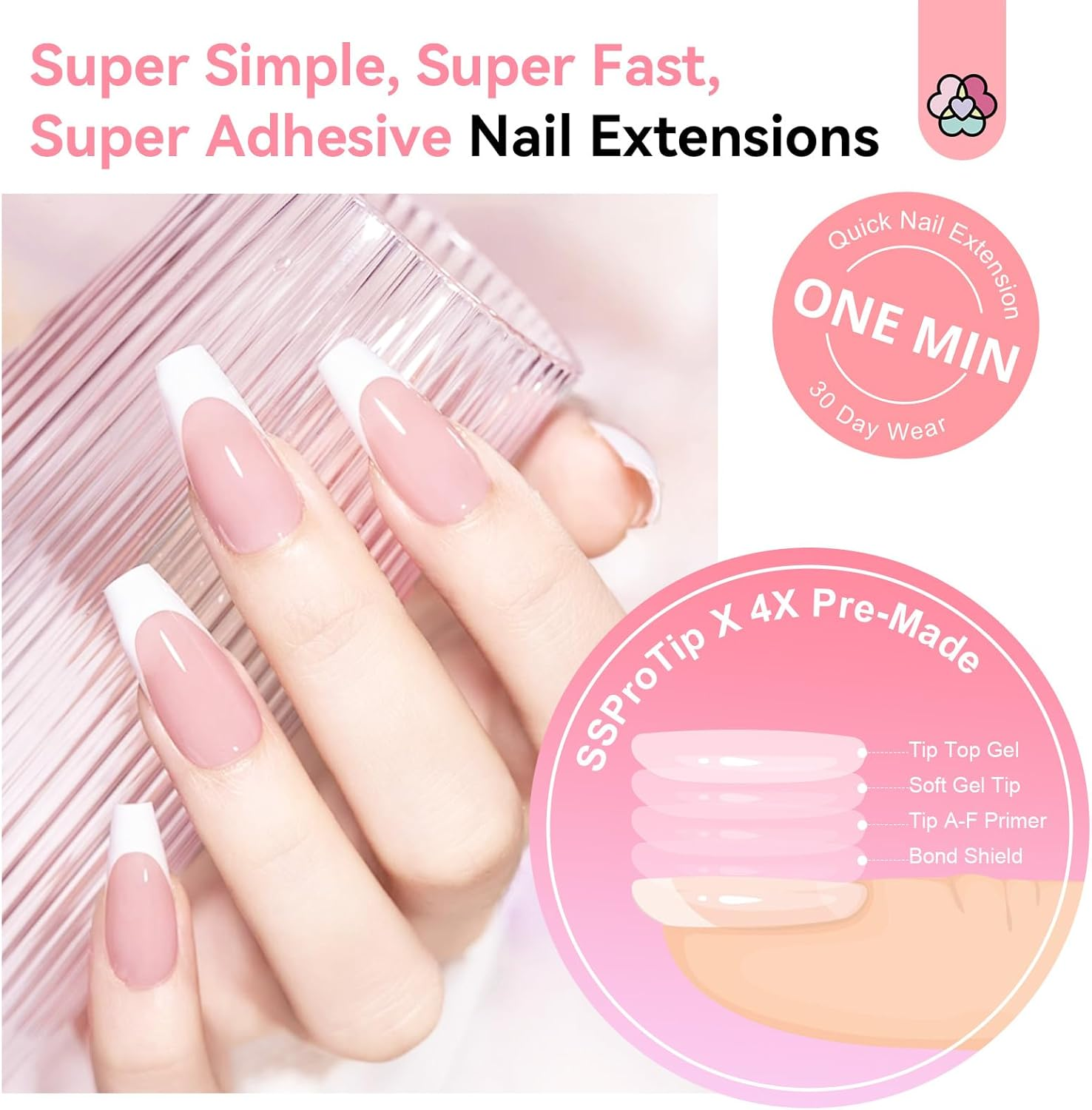 SAVILAND Press on Nails: Everlasting Gels Nail Kit Pink Medium Coffin Nail Tips 256 Pcs Full Cover Soft Gel Fake Nails with Solid Nail Glue Gel U V Lamp Nail Drill French Tip Tool Home DIY image number 2