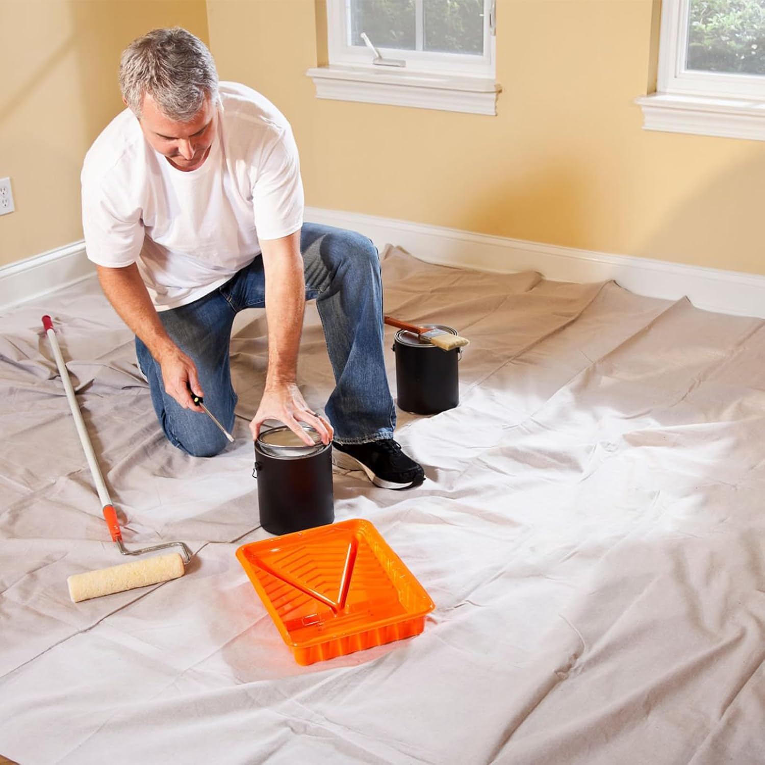 Kingorigin Grey White Canvas Drop Cloth 9X12Feet for Painting, Painters Drop Cloth, Paint Tarp, Curtains, Painting Supplies, Canvas Sheet image number 4