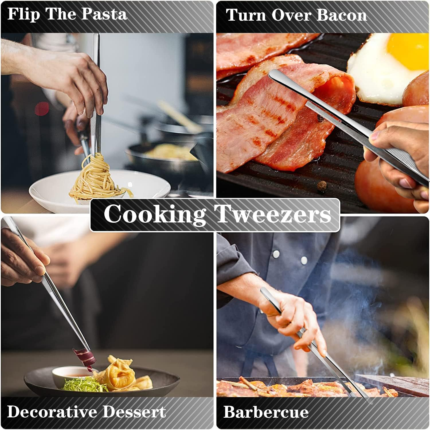 JETKONG 4 Pcs Kitchen Tweezers Tongs Stainless Steel Cooking Tweezers Set, Professional Kitchen Long Tweezer for Cooking, Repairing, and BBQ (10+12-Inch, Silver) image number 1