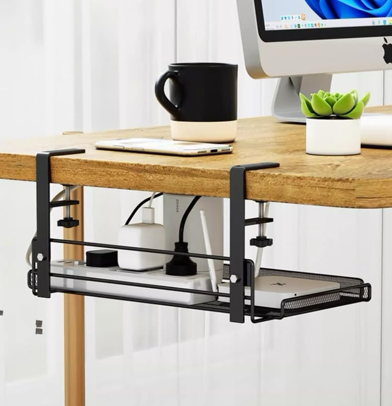 2 Pack under Desk Cable Management Tray No Drill, Under-Desk Cable Organiser for Cord Management, Ultra-Rugged Desktop Cable Rack with Clips, Standing Desktop Cable Manager (Black, L)