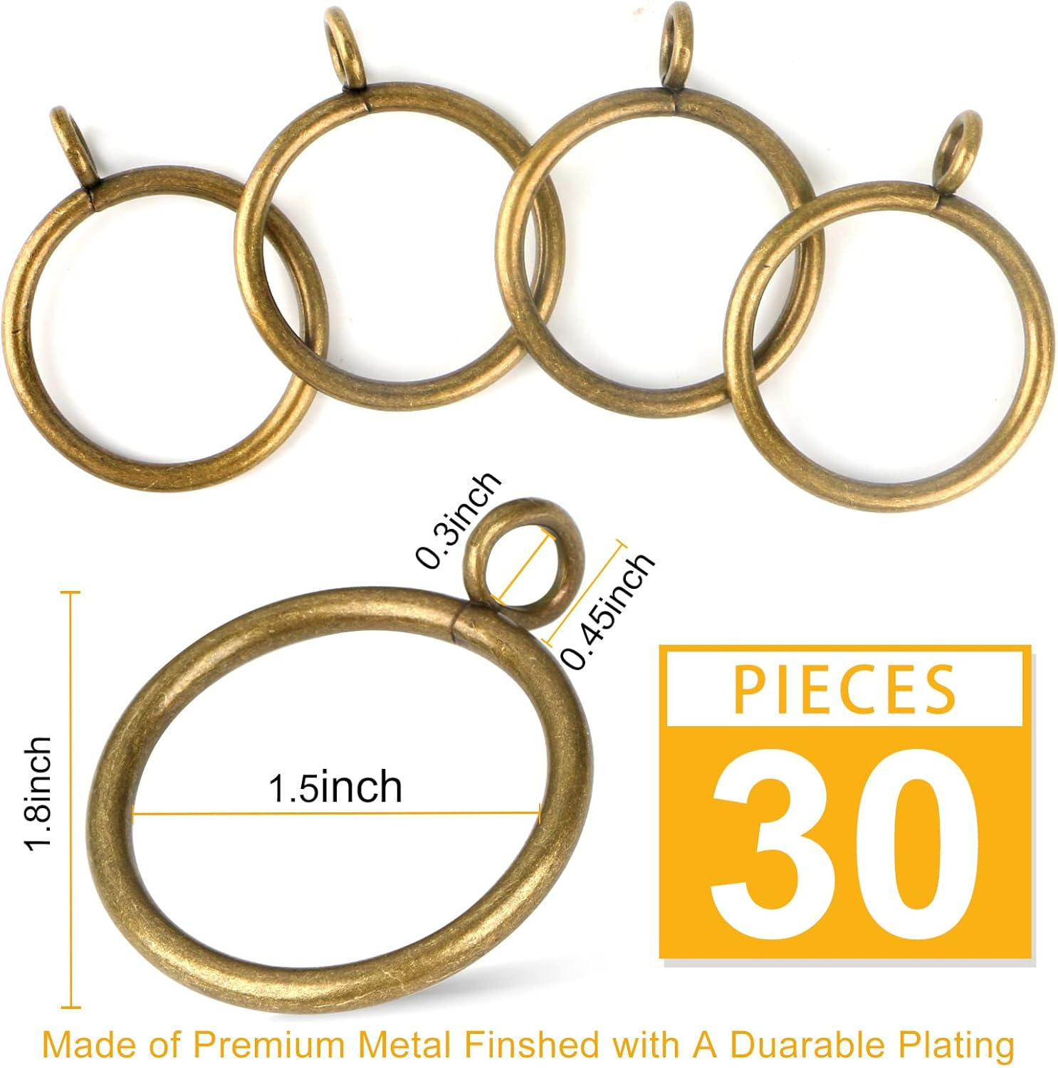 1 1/2-Inch Antique Brass Curtain Rings with Eyelets for Curtain Rods (Set of 30 PCS Curtain Rings) image number 1
