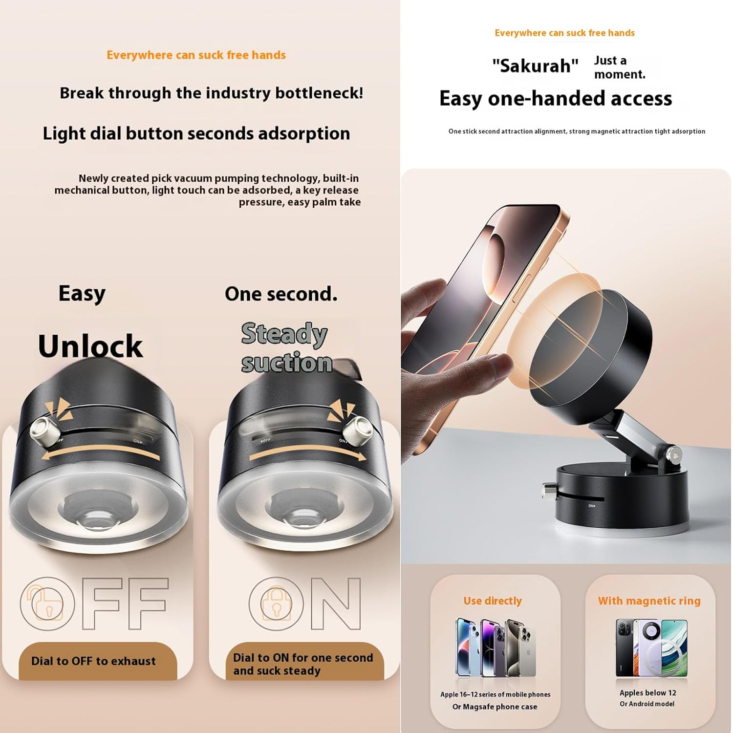 Leeneen 2025 New Strong Magnetic Vacuum Suction Phone Holder,For Car/Home/Smooth Surface/Mirror/Glass Foldable and Retractable Vacuum Magnetic Suction Phone Mount Bracket (White) - Pink image number 6