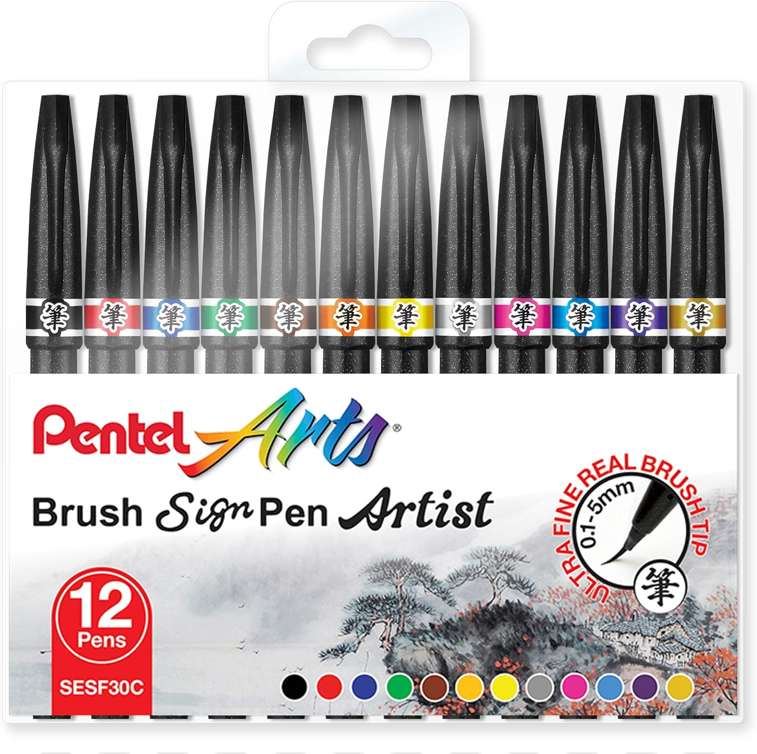Pentel Arts Brush Sign Pen Artist Wallet of 12 Assorted Standard Colours (SESF30C-12) image number 4