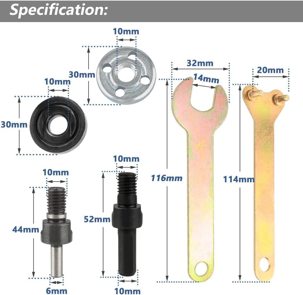 Yakamoz Drill Angle Grinder Adapter with Flange Nut Parts Set, 6Mm and 10Mm Drill Arbor Mandrel Adaptor with 3 Set Replacement Grinder Flange Nuts and Spanner Wrench Conversion Tool image number 3