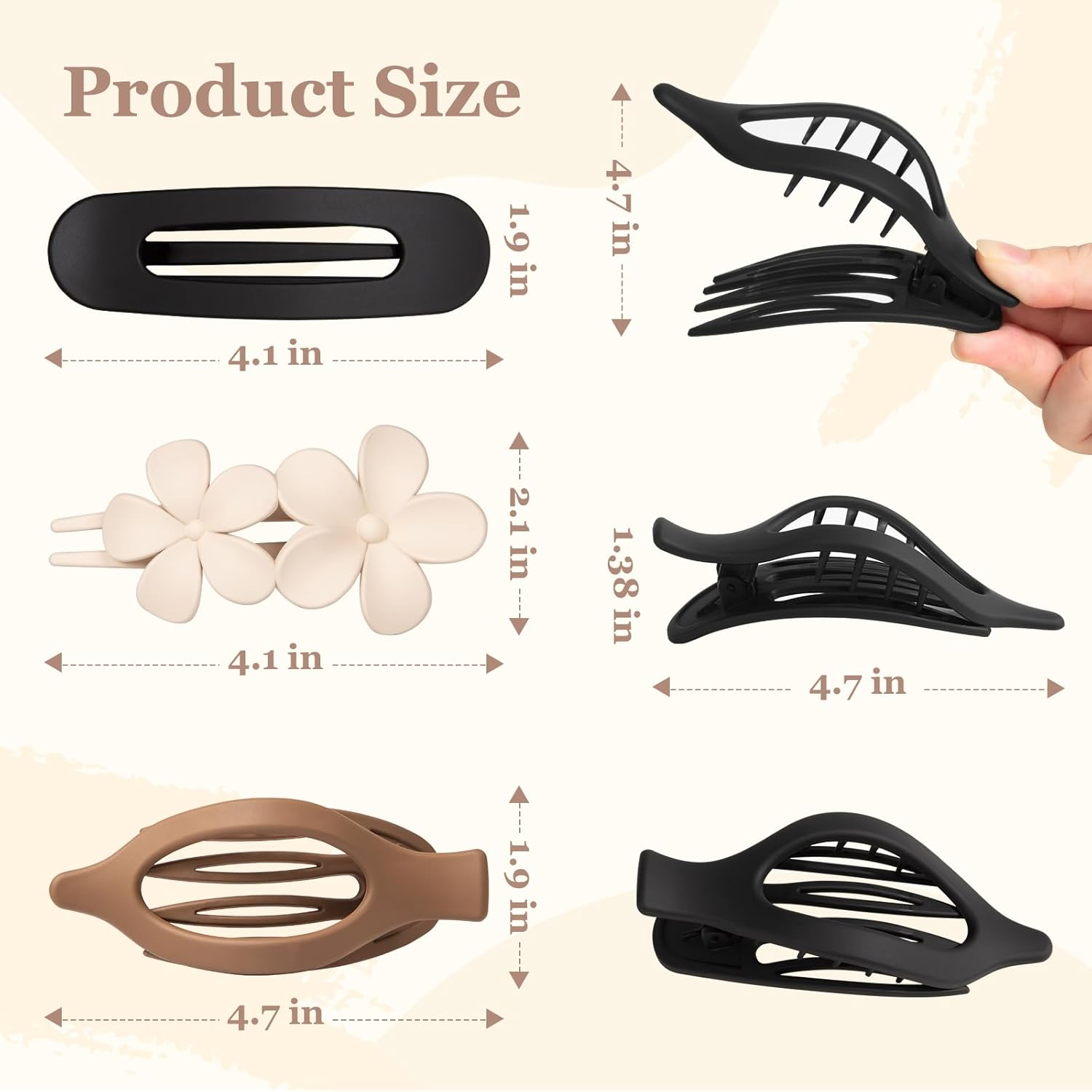 12 Pcs Flat Hair Clips for Women - 3 Styles Flat Claw Clips for Thin Thick Hair, Strong Hold Hair Accessories - Neutral image number 7