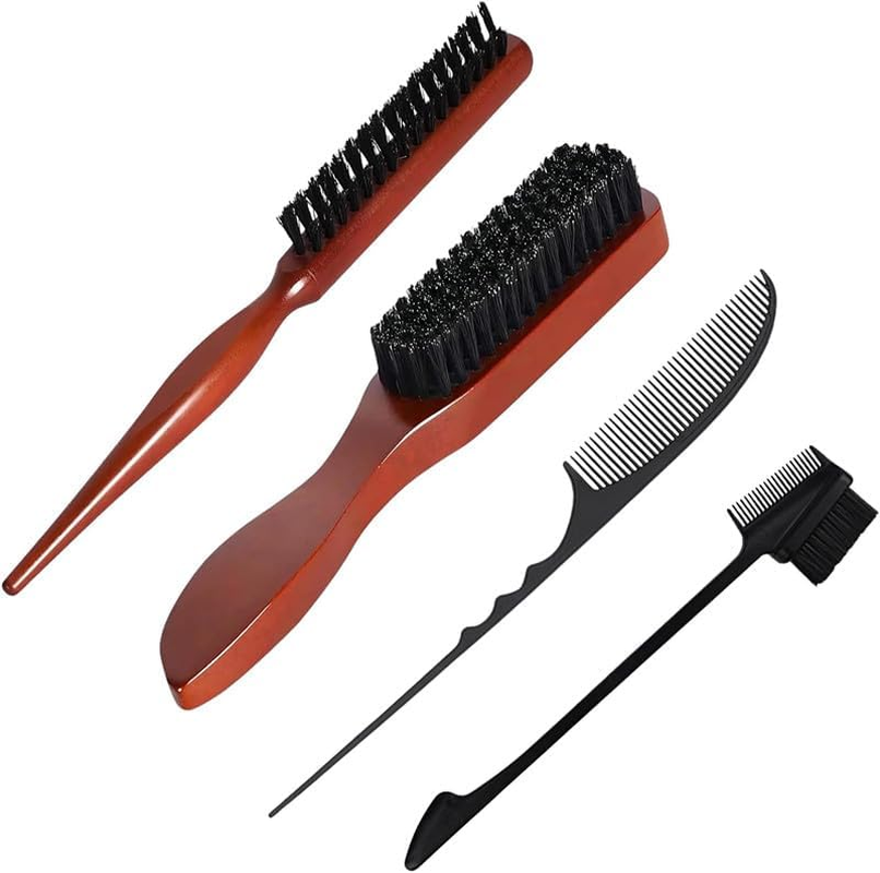 4Pcs Slick Back Hair Brushes Boar Bristle Hair Brush with Crescent Comb and Eyebrow Comb, Wooden Handle Bristle Slick Back Teasing Boar Bristle Sleek Styling Hair Brush image number 6