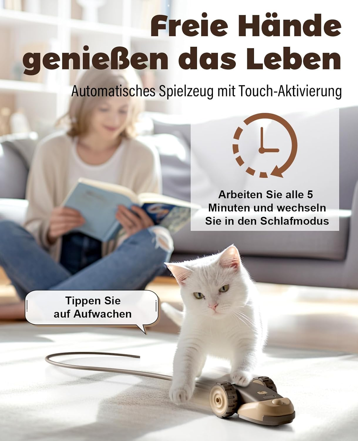 Casfuy 3-In-1 Interactive Cat Toy - 2-Speed Cat Toy Electric Self-Employment with 2 Pieces Hanging Feather Cord Band and Wiggly Silicone Mice Tail for Indoor Cats image number 2