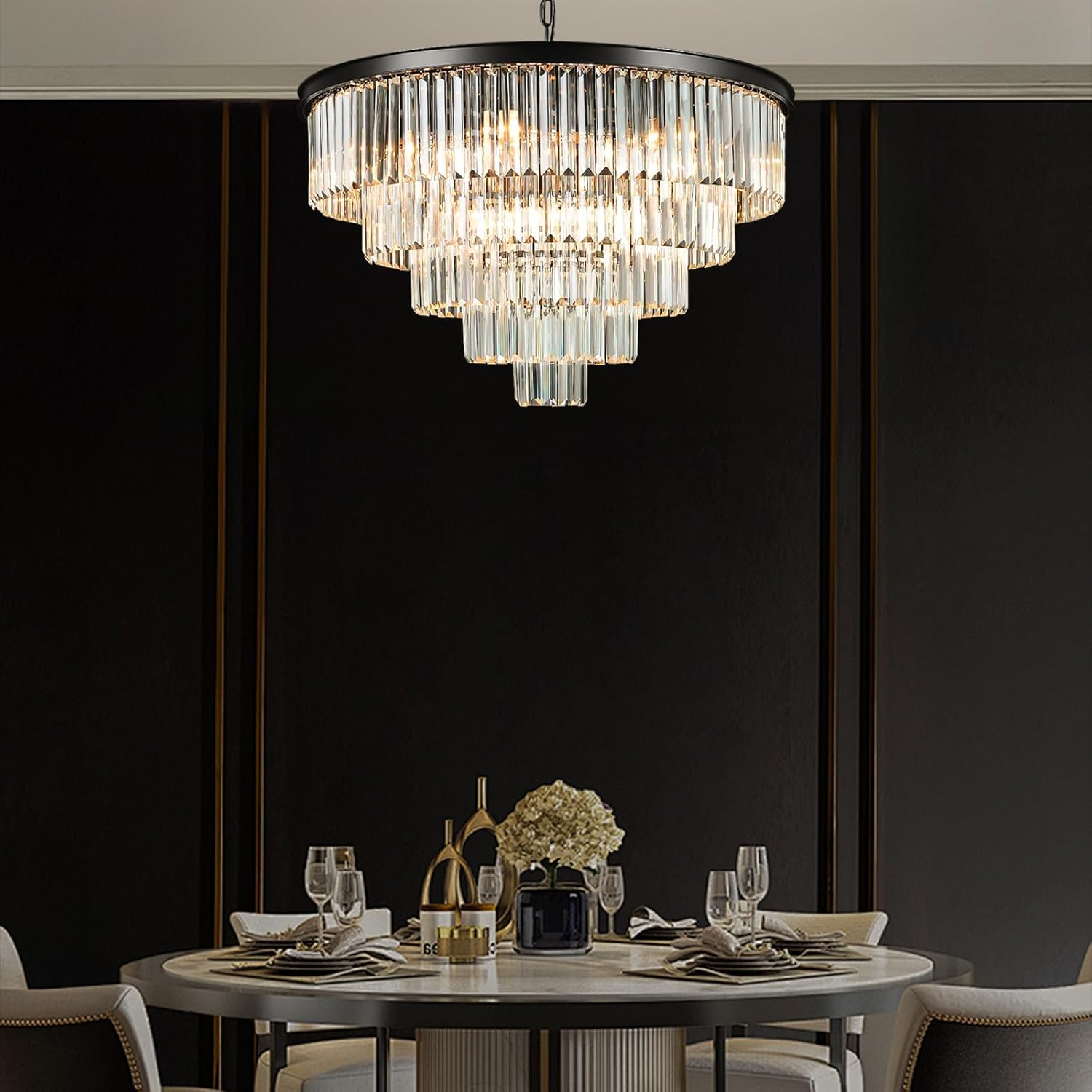 USOR 16 Lights Large Crystal Chandeliers D80Cm H50Cm Modern Luxury Flush Mount Ceiling Light Fixture 3 Colors Hanging Pendant K9 Crystal Chandeliers (Black+Clear Crystal, D80Cm X H50Cm) - Gold+ Clear Crystal image number 6