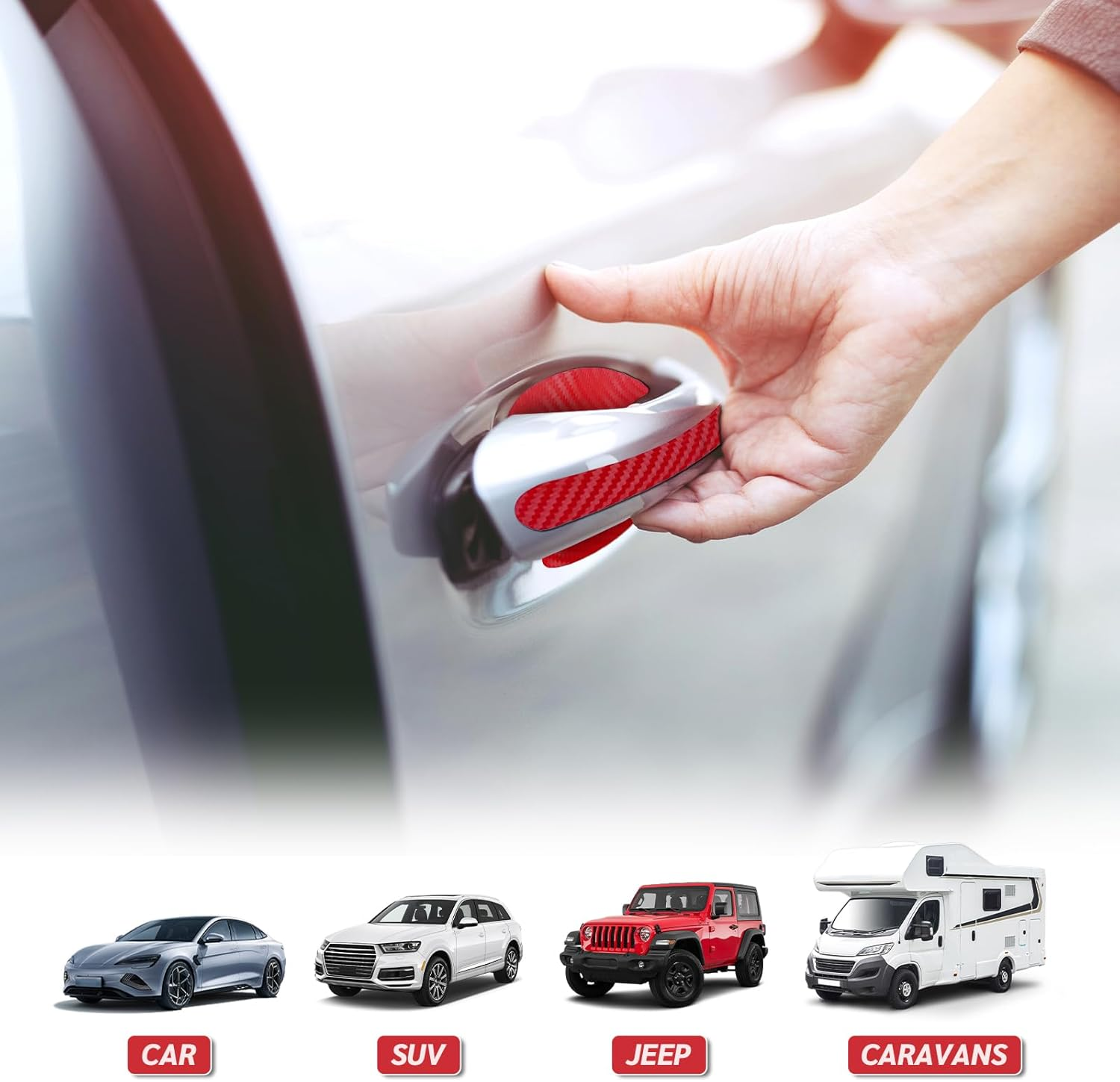 8PCS Carbon Fiber Car Door Handle Scratch Protectors, Universal Paint Guard Sticker for Door Handle Bowl, Fits Most Cars, Trucks, Suvs (Red) image number 4