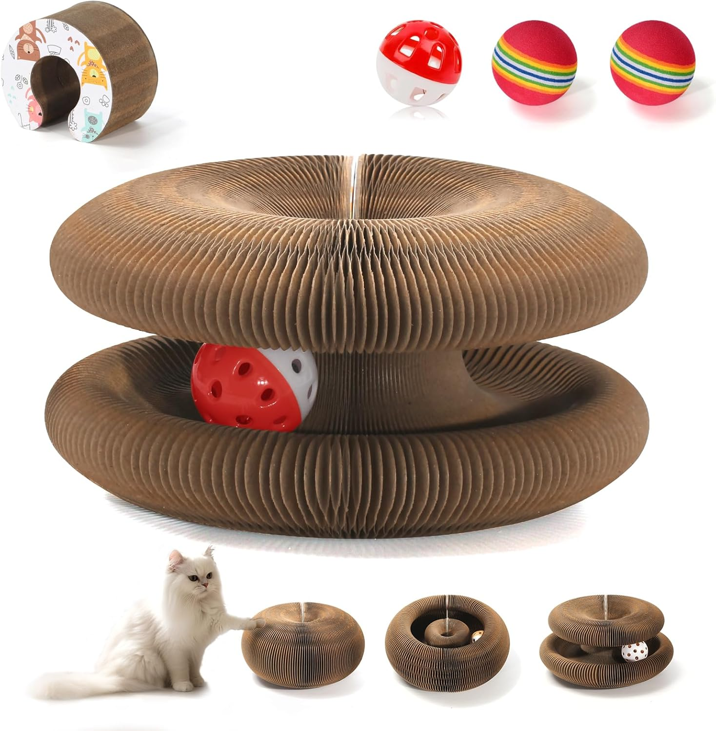 Magic Organ Cat Scratcher Board with 3 Balls, Foldable Recyclable Accordion Cats Toy with Ball and Track Adventure, Cat Scratching Pad, Retractable Reversible Furniture Protector(Brown) image number 3