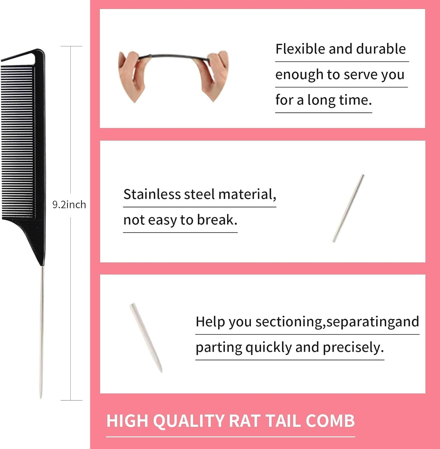 Street27&reg; 3Pcs Slick Back Hair Brush, Hair Bun Hair Accessories for Women Girls Bun Maker for Kids, Edge Brush, Bristle Teasing Brush, Rat Tail Comb for Parting Smoothing Flyaways (Black) image number 4