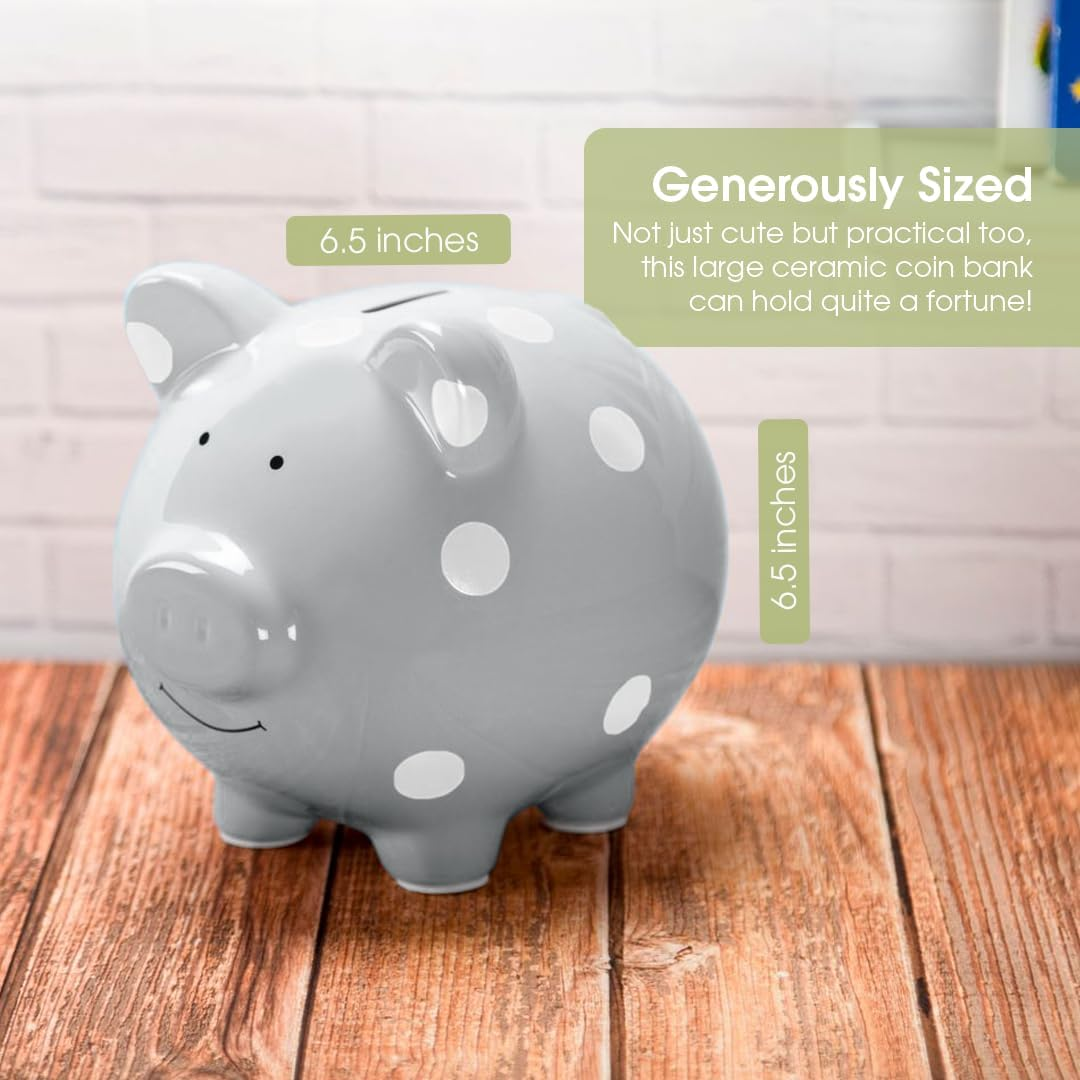 Pearhead Ceramic Piggy Bank, Gender Neutral Nursery D&eacute;cor, Baby Girl and Baby Girl Gift, Gray with White Polka Dots image number 3