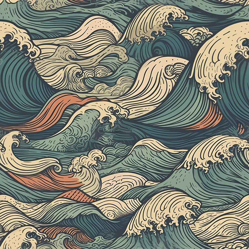 Muralpeel Vinatge Janpanese Sea Wave Blue/Yellow Mosaic Peel and Stick Wallpaper Self Adhesive image number 3