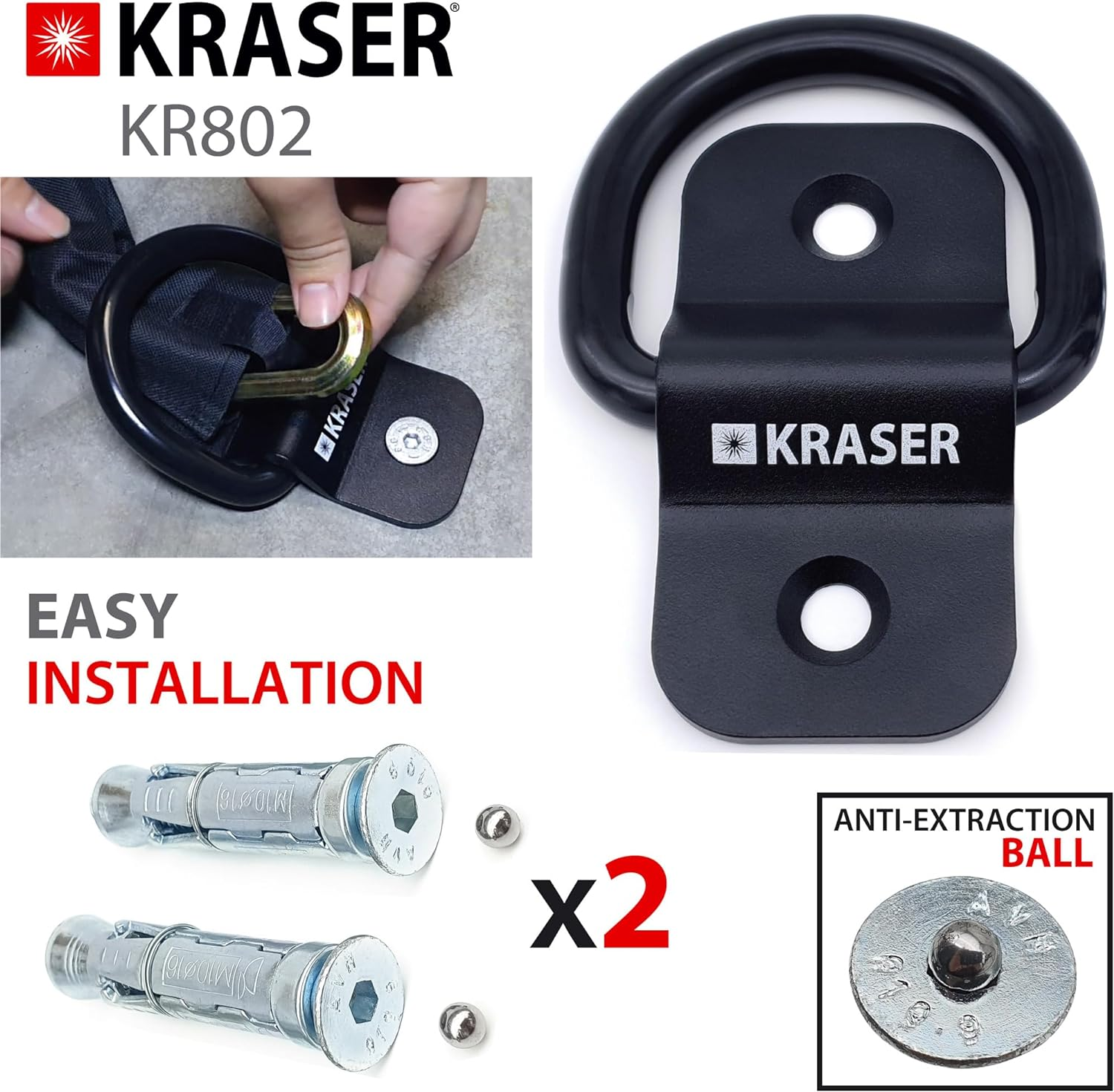 KRASER KR802 Motorcycle Security Anchor with Pivoting Ring &Oslash;14, Compact and Robust Steel, High Security Expanding Bolts, anti Theft Security for Motorbike Bicycle Parking Wall Floor Ground Concrete image number 4