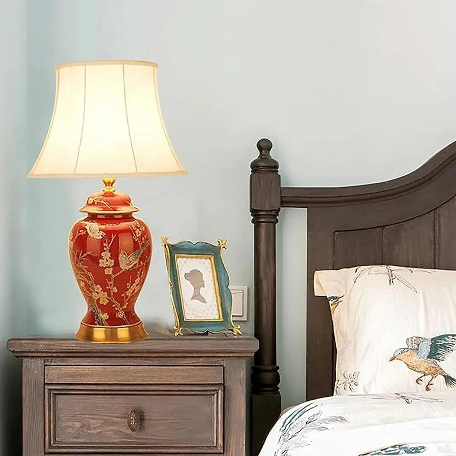 22" Vintage Ceramic Chinoiserie Table Lamp with Floral Birds Design, Classic Bedside Nightstand Lamp with Linen Shade for Bedroom, Living Room, Office image number 5