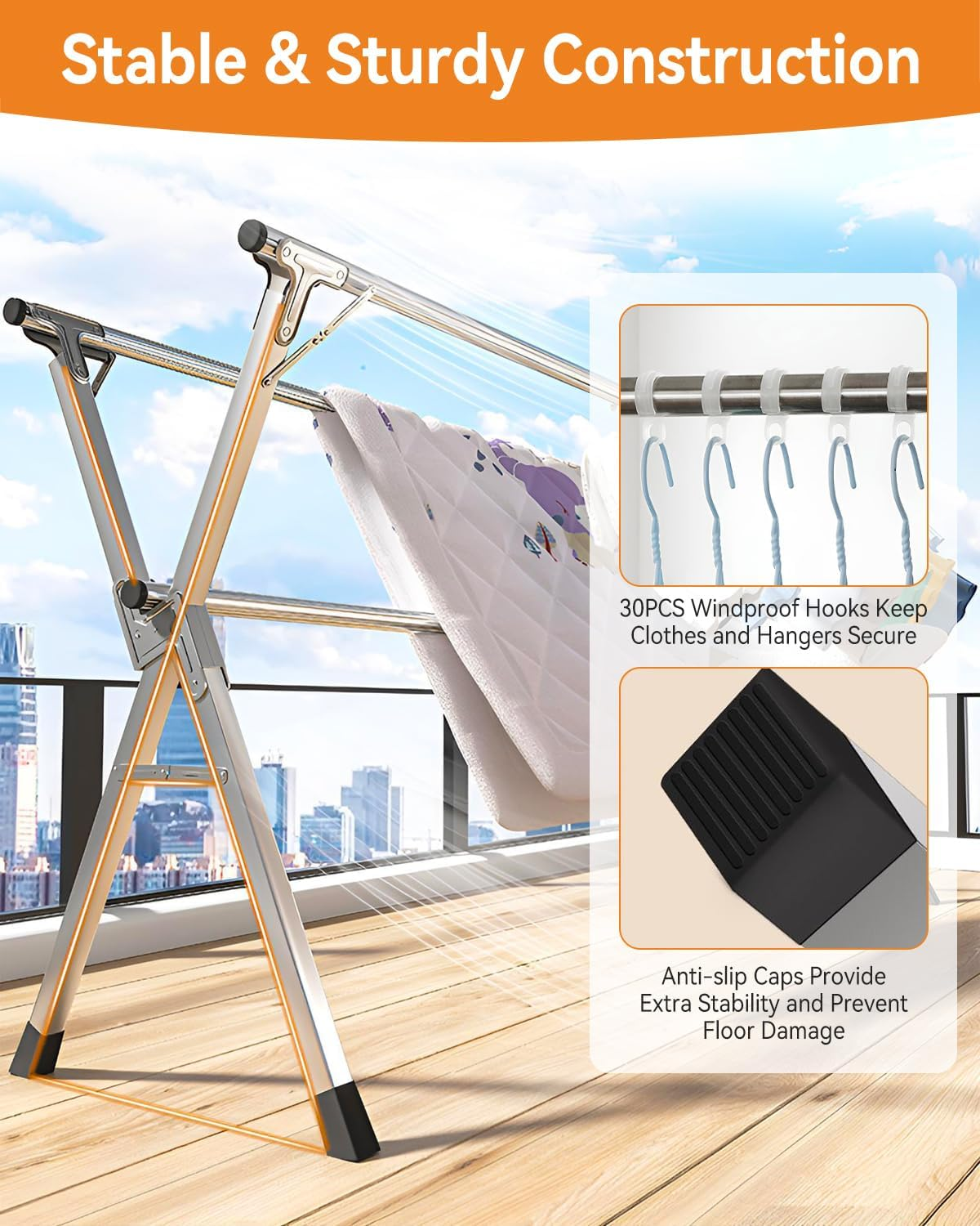 Taefuhnn 2.4 Meters Clothes Drying Rack, 95 Inch Heavy Duty Collapsible Stainless Steel Clothes Airer, Foldable Portable Laundry Drying Rack with 30 Windproof Hooks for Indoor Outdoor image number 1