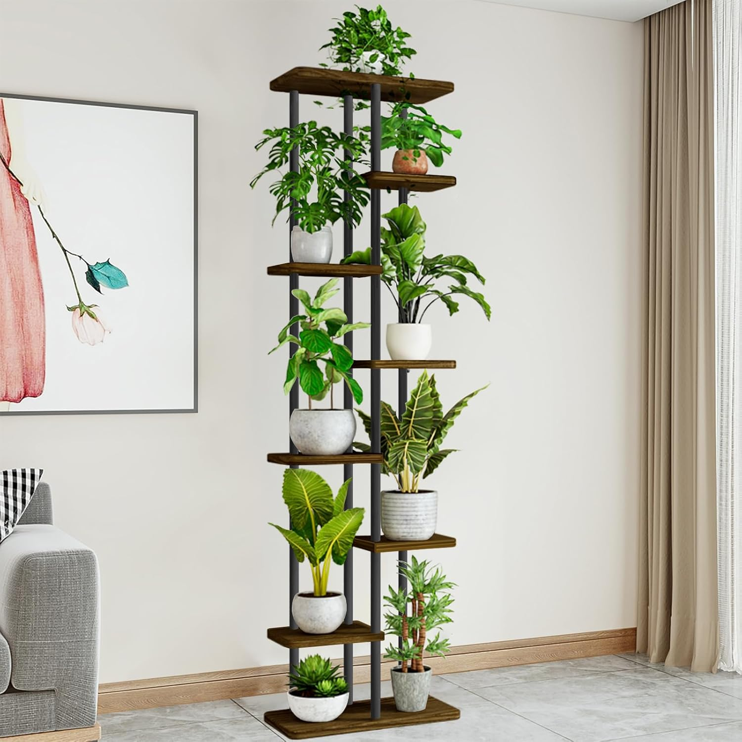 STEUGO Tall Plant Stand Indoor Plant Stands Wood Outdoor Tiered Plant Shelf for Multiple Plants，8 Tier 9 Potted Indoor Plant Shelf ,Suitable for Garden Corner Balcony Living Room（Black） image number 2