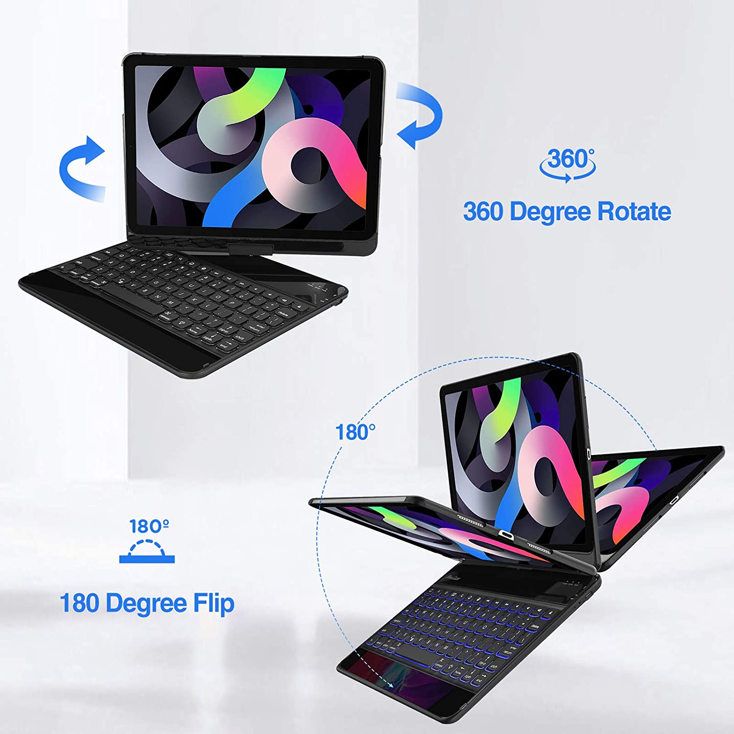 Procase 360&deg; Rotation Keyboard Case for Ipad Air 11" (M3/M2) /Air 5Th/4Th 10.9" / Ipad Pro 11" 2025 2024 2022 2021 2020 2018, Wireless Keyboard with 7 Colors Backlit, Auto Sleep/Wake -Black