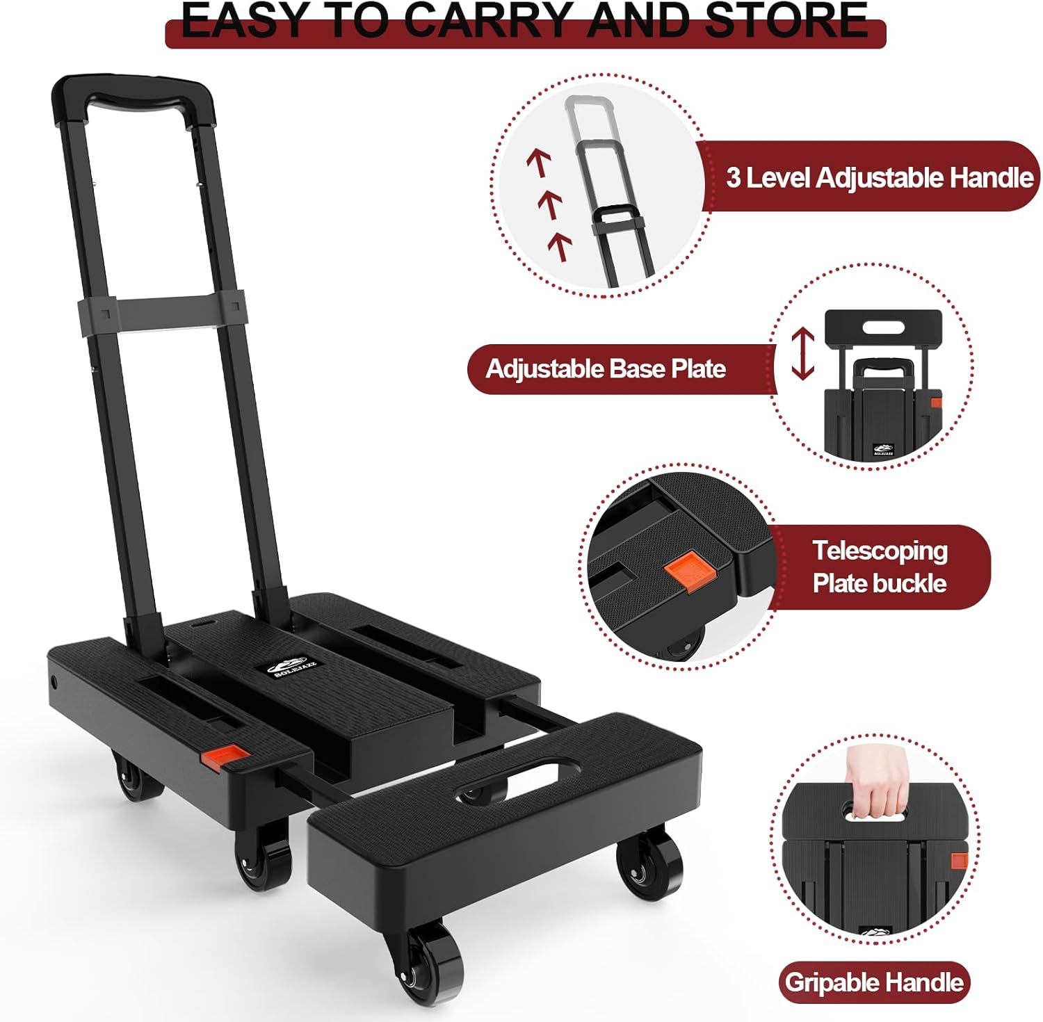 SOLEJAZZ Folding Hand Truck Portable Dolly for Moving, 500LB Luggage Cart Dolly with 6 Wheels & 2 Bungee Cords for Travel, Moving, Shopping Use, Black image number 6