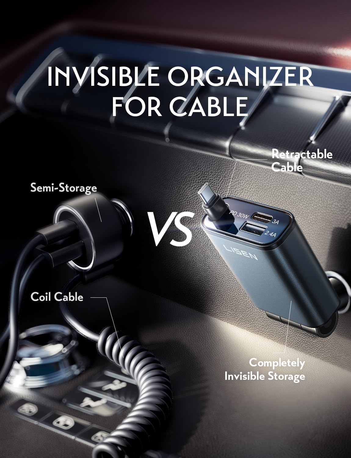 LISEN Retractable Car Charger USB C Fast Charging,【75% Less Space,Ultra Mini】57W Fast Car Charger Retractable for Iphone 16E 16 15 Pro Max Plus，Samsung Galaxy S25 S24 Ultra Plus，Android，Usb C Devices image number 5