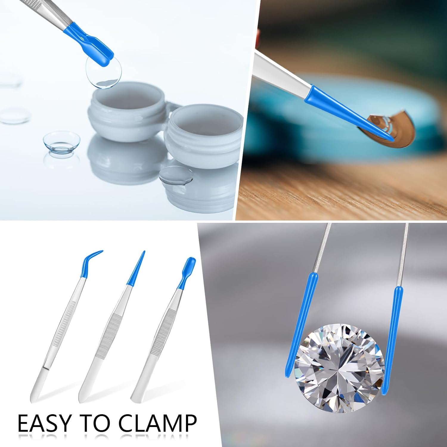 Honoson 3 Pieces Tweezers with Rubber Tips PVC Coated Set Rubber Straight Flat Tip Long Bent Tweezers for Crafts Stamps Beads Jewelry Tools(Blue) image number 2