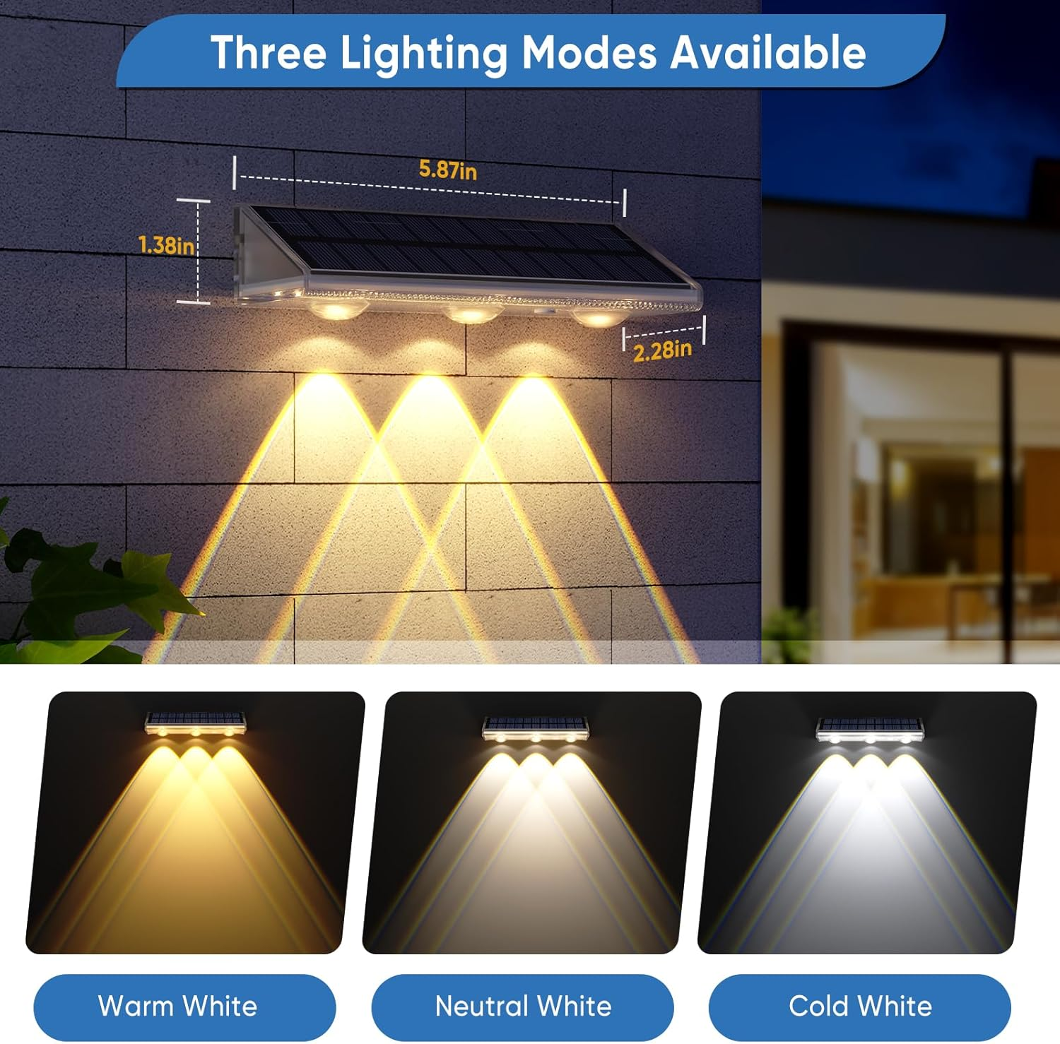 Yilaie Solar Wall Light Outdoor Solar Lights for Outdoor Use IP67 Waterproof 3 Colours Bright Solar Fence Lights for Outdoor Use for Garden Balcony Patio Stairs Pack of 2 image number 1