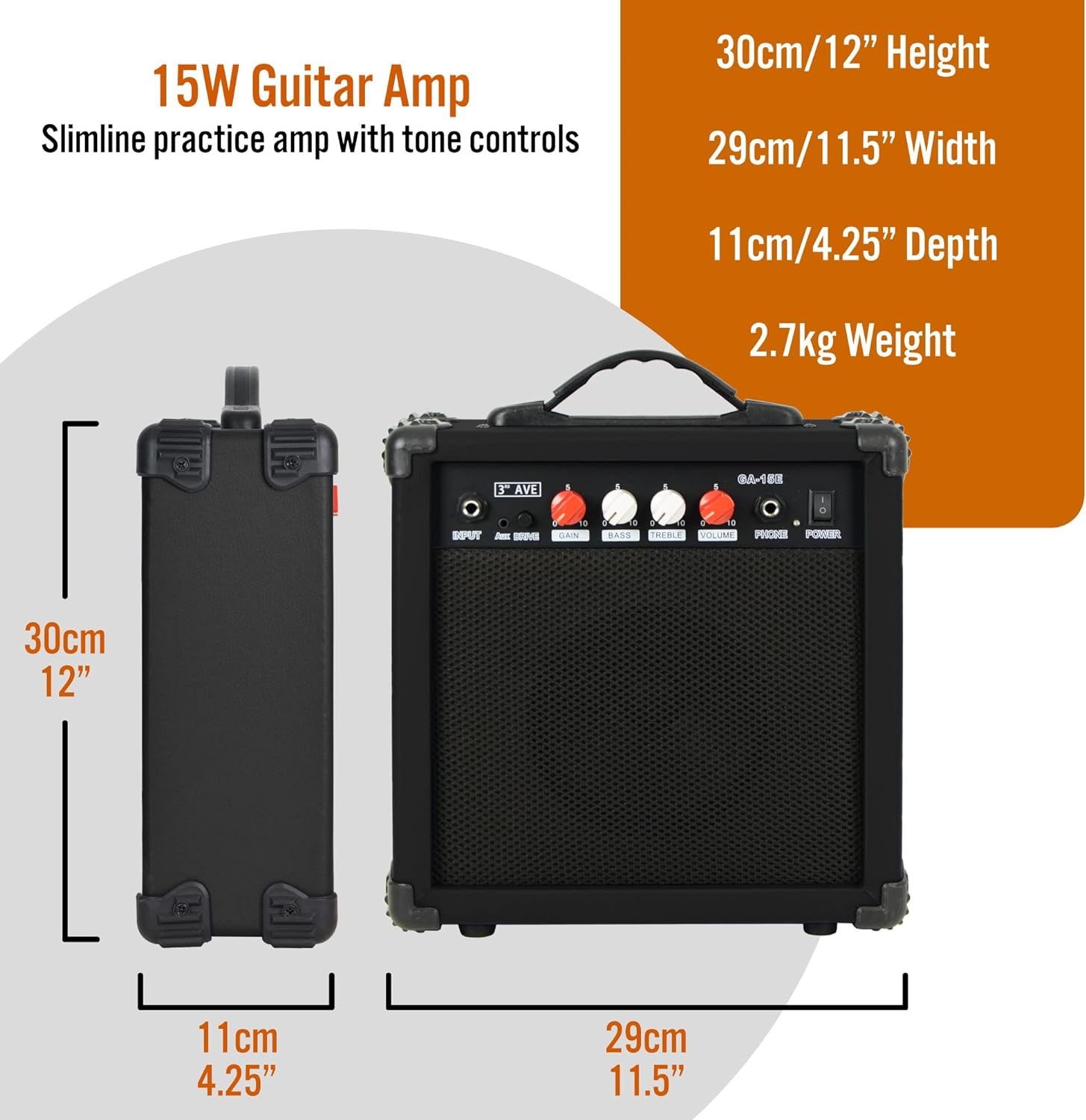 3Rd Avenue 15W Guitar Practice Amplifier with Headphone Output, Overdrive Switch, 2 Band EQ, Tone/Gain Controls &ndash; Portable Compact &ndash; Black image number 4