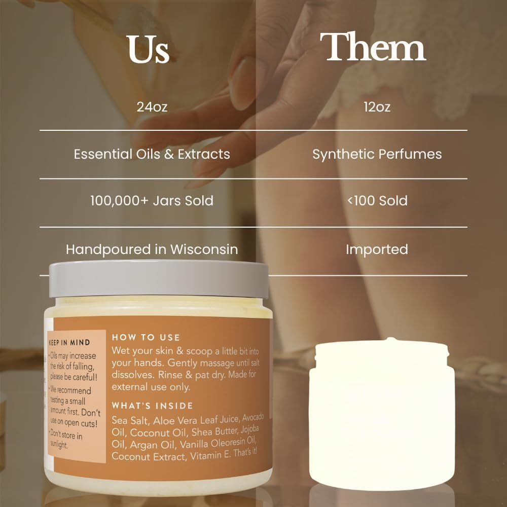 (Coconut Vanilla) - Bare Botanics Coconut Vanilla Dead Sea Salt Body Scrub, Large 470Ml, Wet Skin Moisturiser & Skin Exfoliator, Organic and All Natural Booty, Hand, and Foot Scrub for Dead Skin image number 4