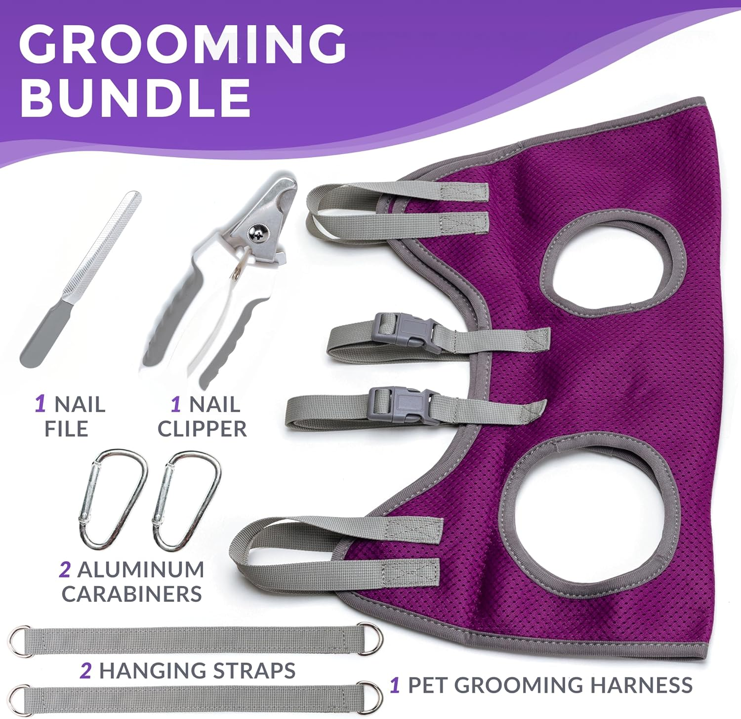 Dog Grooming Hammock - Pet Grooming Hammock with Nail Clippers for Dogs, Nail File, and Dog Bath Brush - Dog Hammock for Grooming with Strong Center Straps for Extra Security (XS, Purple) image number 4