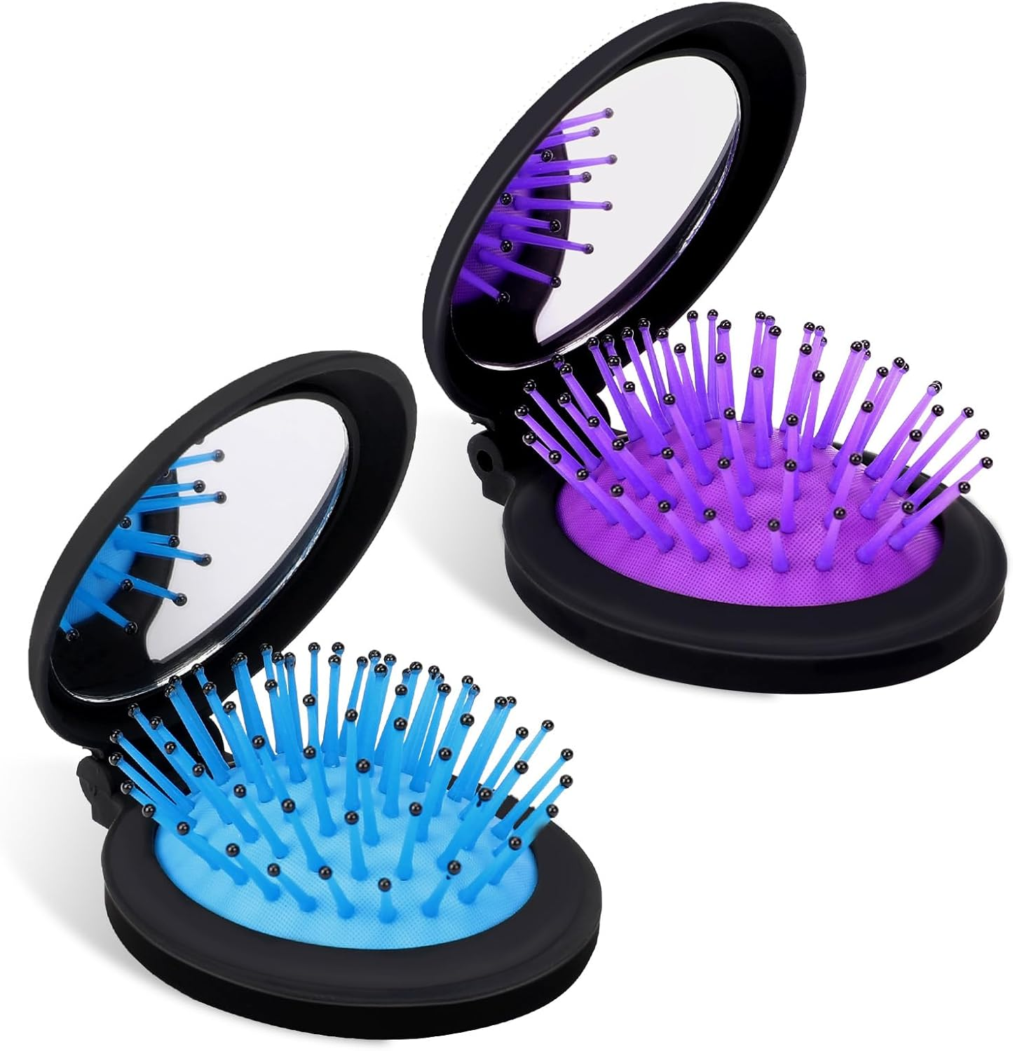 Pack of 2 Mini Foldable Hair Brushes with Mirror Travel Hair Brush Folding Brush Mini round Foldable Hair Massage Comb for Women Girls (Blue, Purple)