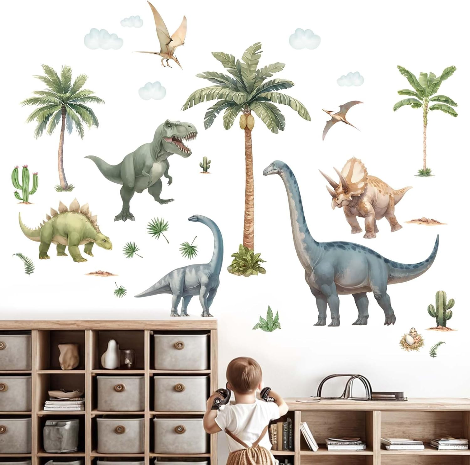 Amimagen Large Dinosaur Wall Decals - Tropical Palm Tree Leaf Dino Wall Stickers - Nursery Kids Baby Boys Room Daycare Playroom Classroom Wall Decor image number 1