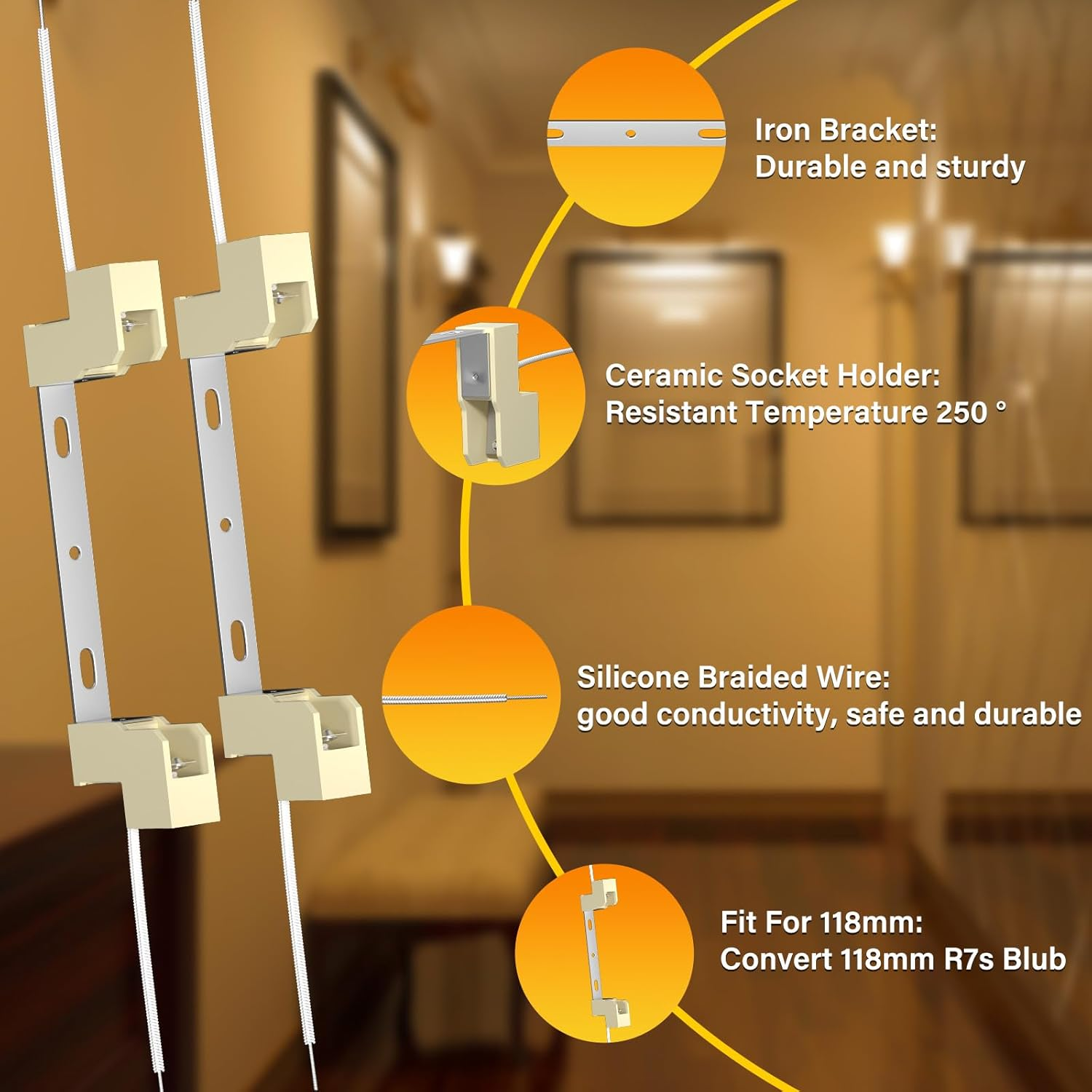 Bonlux R7S Bulb Socket,118Mm Bulb Lamp Holder Double Ended Lamp Holder Connector Metal Ceramic Handle R7S Lamp Socket for Flood Light Halogen Linear Lamp (2 PCS) image number 4