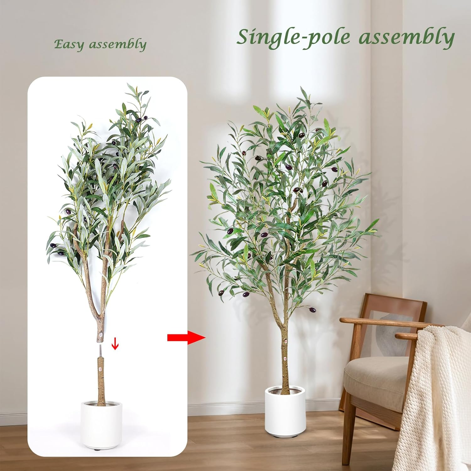 Lenamos Olive Trees Artificial Indoor, Tall Faux Olive Tree with White Tall Planter, Artificial Plants with Natural Wood Trunk and Lifelike Fruits for Home Office Decor (4.3Ft/130Cm) image number 4
