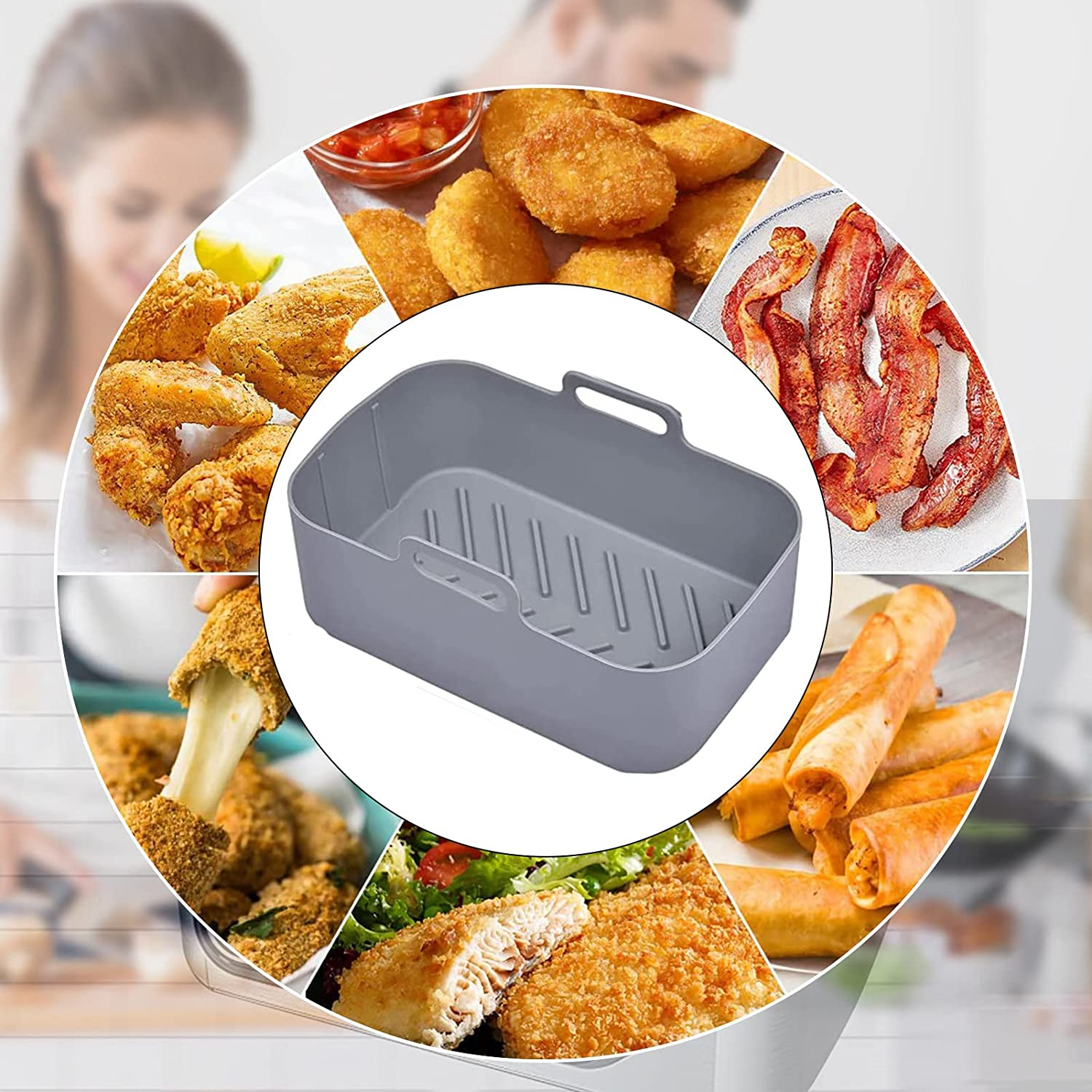 Silicone Pot for Ninjas, Dual Silicone Air Fryer Basket Liners, Air Fryer Rack Accessories for Oven and Microwave (2 Pcs - Gray) image number 6