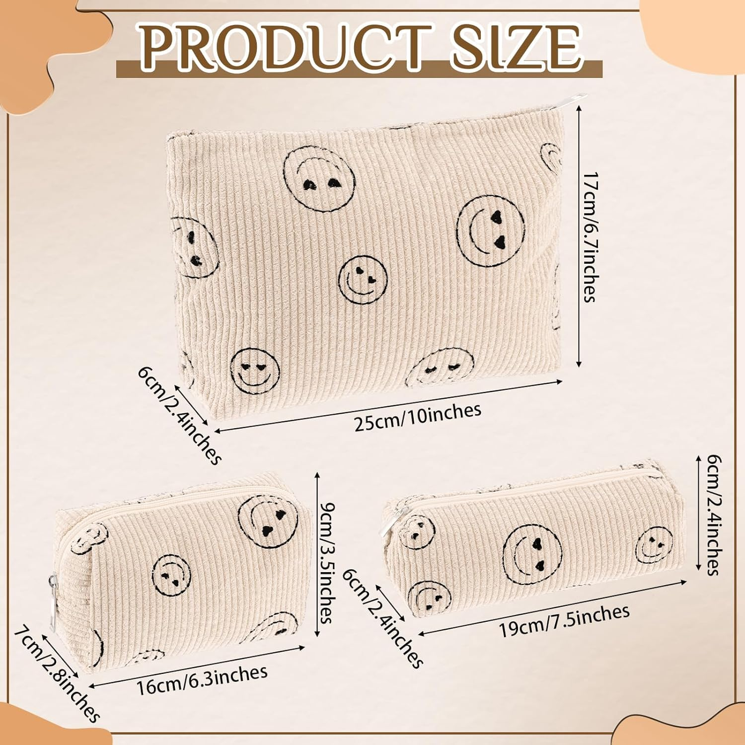 DUOMIAO 3 Pcs Makeup Bag Corduroy Cosmetic Bag Aesthetic Cute Preppy Makeup Bags for Women Smile Small Makeup Purse Pouch Travel Toiletry Bag Set Makeup Organizer with Zipper. (White Smlie) image number 1