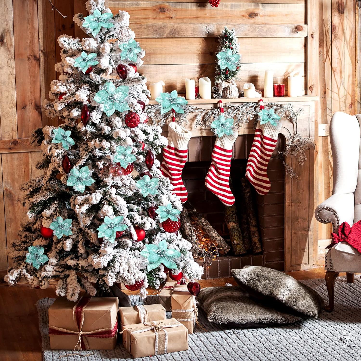 WILLBOND 36 Pieces Christmas Poinsettia Glitter Faux Flowers Christmas Artificial Flowers Tree Ornaments Topper Xmas Decorations(Blue-Green) image number 1