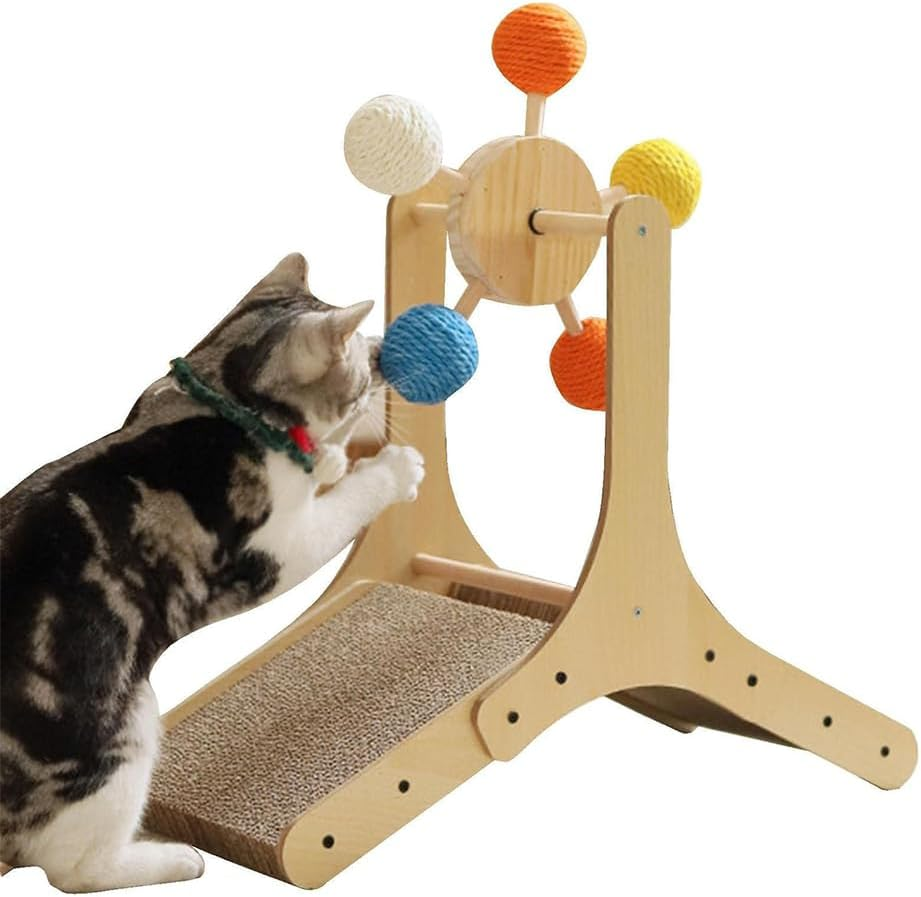 Wood Cat Climbing, Interactive Puss Play Tower, Toy with 360&deg; Rolling Ball & Ramp Scratcher, for Indoor Pussy to Play (56.5 X 26.5 X 57CM) image number 1